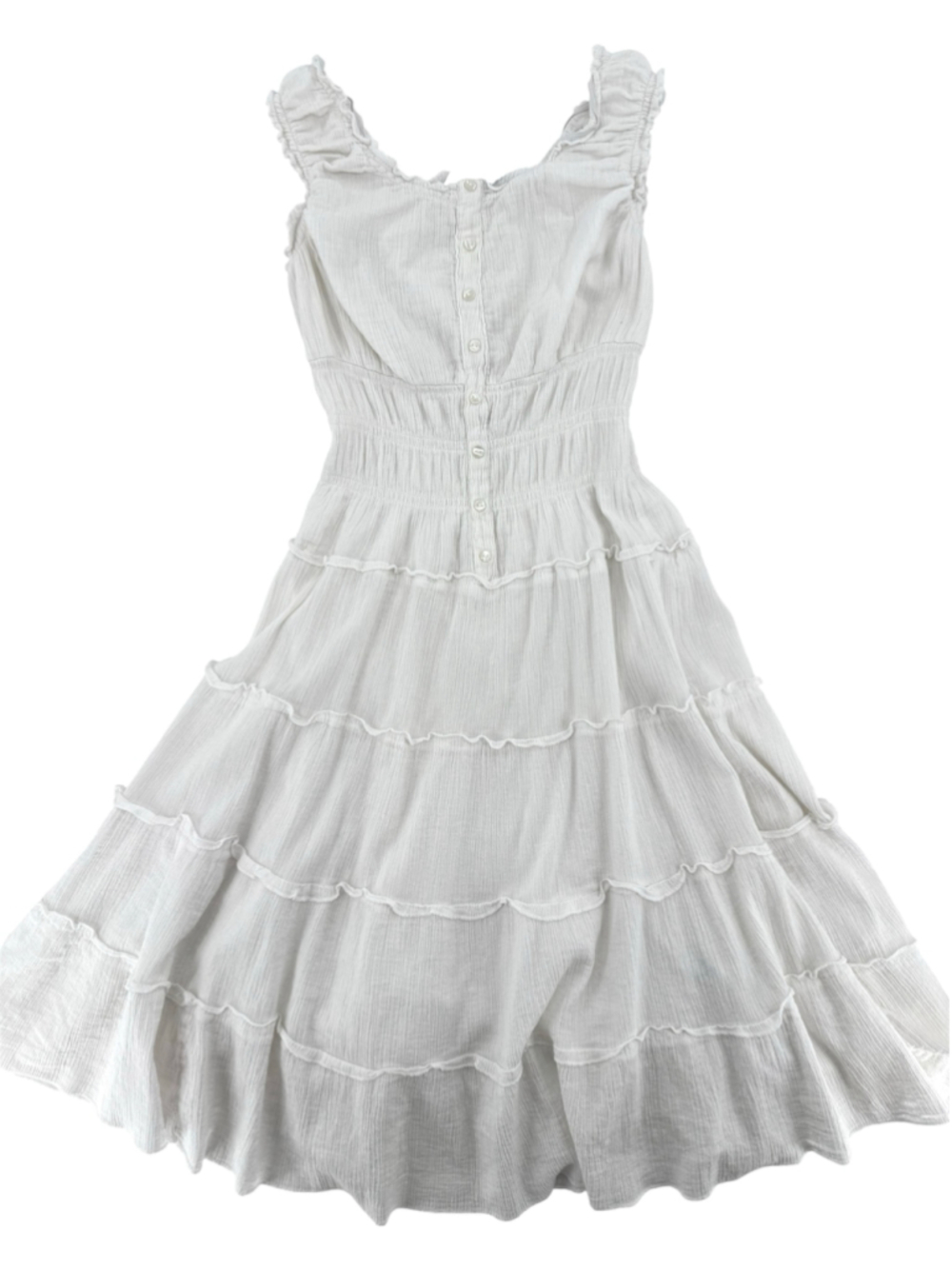 White Tiered Prairie Dress Milkmaid Bodice Ruched Waist Cotton Gauzy Boho Fairy